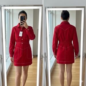 NWT 7 For All Mankind 4 Red Denim Western Mini Dress Contrast Stitch Utility
